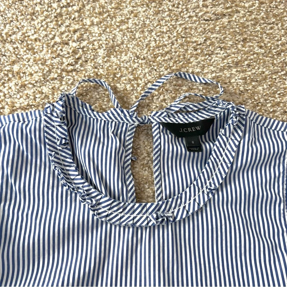 J. Crew Blue and White Stripe Ruffle Trim Sleeveless Top Size 8 - Picture 3 of 8